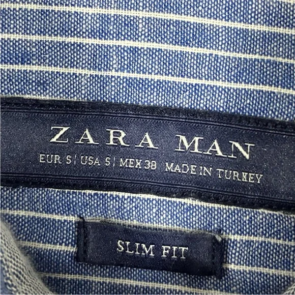 Zara Blue Striped Linen Button Shirt Men’s S Slim Fit Roll Tab Sleeves - Picture 3 of 8